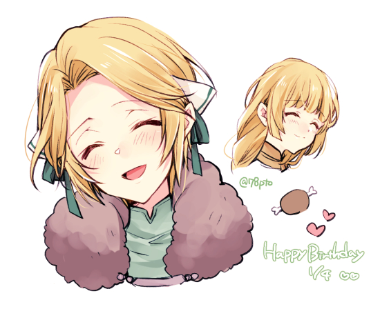 1girl, blonde_hair, closed_eyes, closed_mouth, fire_emblem, fire_emblem:_three_houses, happy_birthday, ingrid_brandl_galatea, long_hair, multiple_views, naho_(pi988y), open_mouth, simple_background, smile, twitter_username, white_background