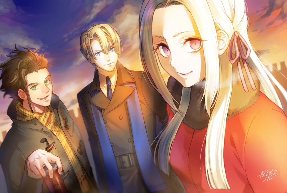 1girl, 2boys, alternate_costume, belt, blonde_hair, blue_eyes, brown_hair, claude_von_riegan, closed_mouth, clouds, dark_skin, dark_skinned_male, dimitri_alexandre_blaiddyd, edelgard_von_hresvelg, fire_emblem, fire_emblem:_three_houses, green_eyes, hair_ribbon, holding, jacket, jandara_rin, long_hair, long_sleeves, multiple_boys, necktie, open_mouth, outdoors, ribbon, short_hair, signature, sky, smile, violet_eyes, white_hair