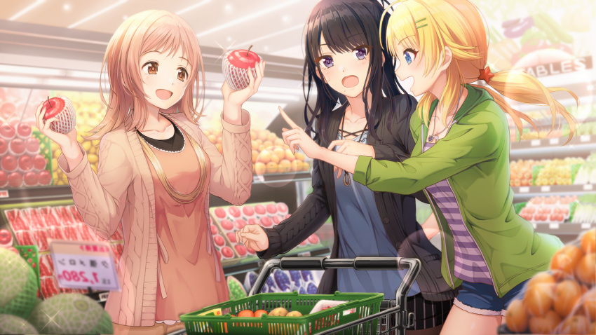 3girls, :d, :o, absurdres, apple, bangs, black_hair, black_shorts