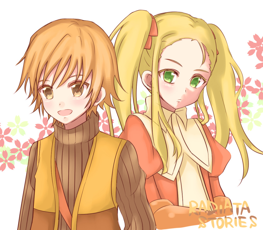 1boy, 1girl, armor, blonde_hair, brown_eyes, brown_hair, gauntlets, green_eyes