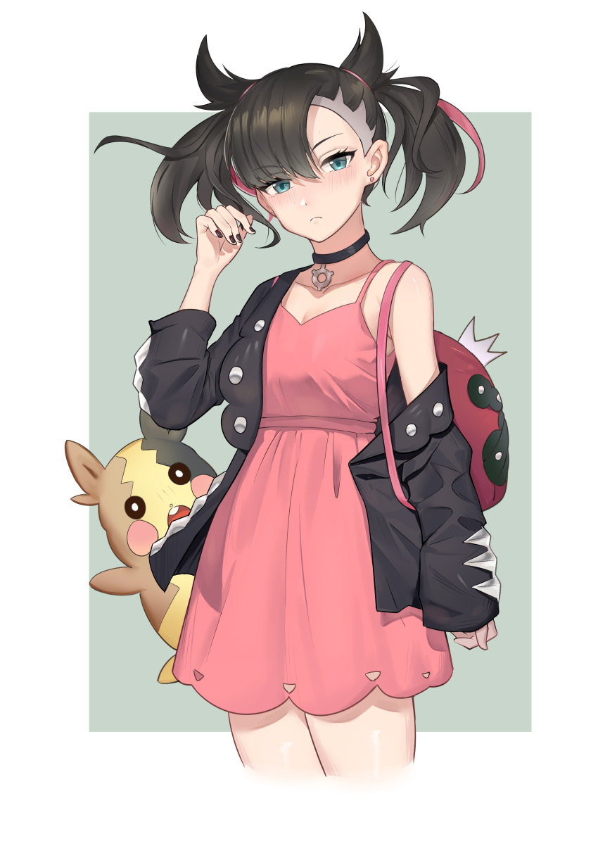 1girl, absurdres, aqua_eyes, asymmetrical_bangs, backpack, bag, bangs, black_choker