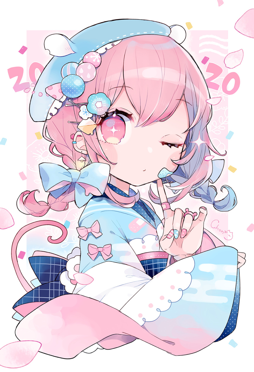 +_+, 1girl, 2020, animal_ears, animal_hat, bandaid_on_cheek, bandaid_on_finger, blue_bow