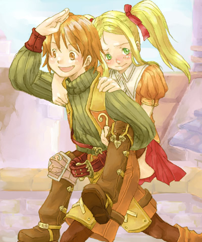 1boy, 1girl, armor, blonde_hair, brown_eyes, brown_hair, gauntlets, green_eyes