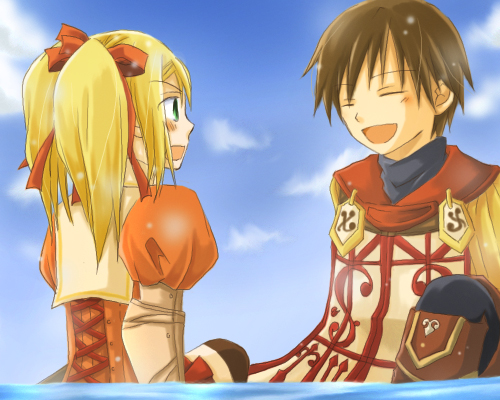 1boy, 1girl, armor, blonde_hair, brown_eyes, brown_hair, gauntlets, green_eyes