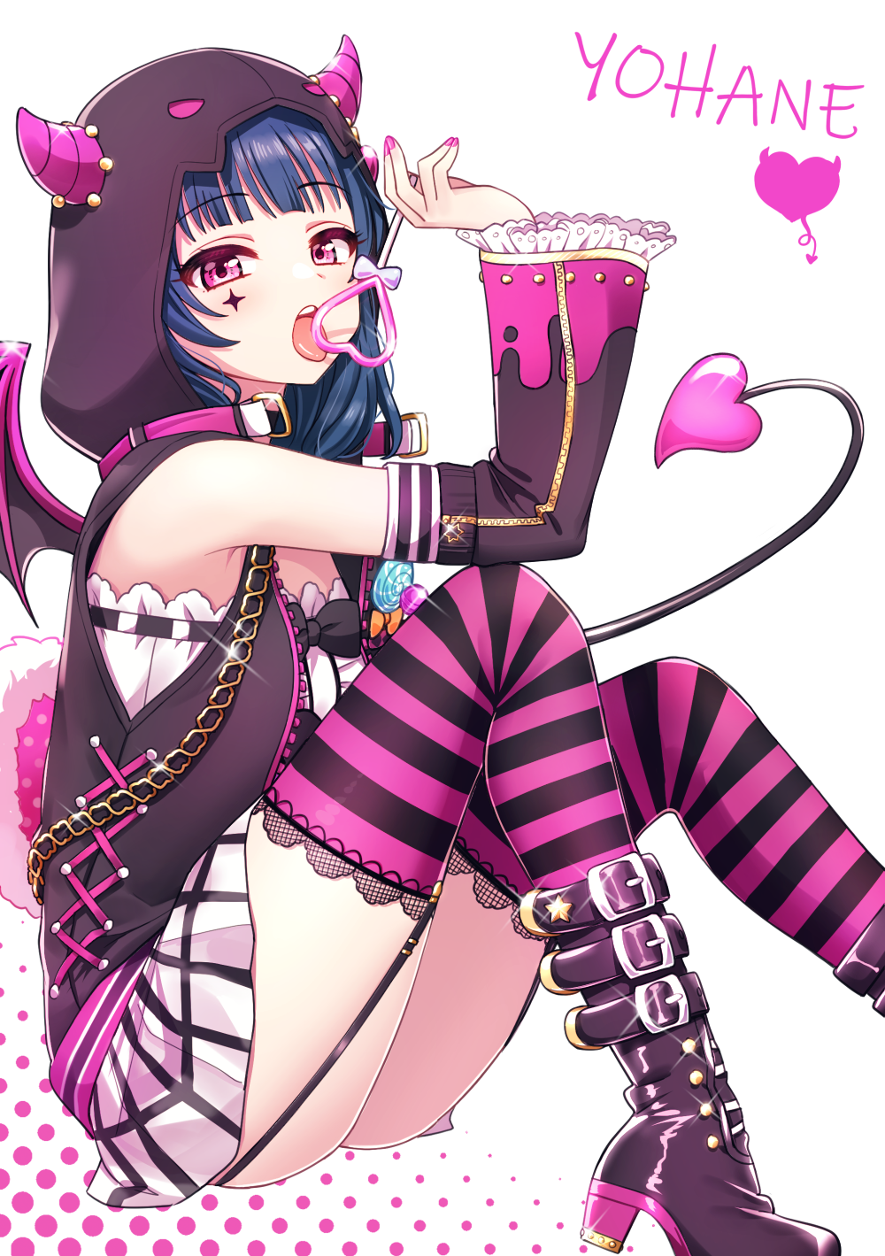 1girl, bangs, belt_boots, black_footwear, black_neckwear, black_vest, blue_hair, boots