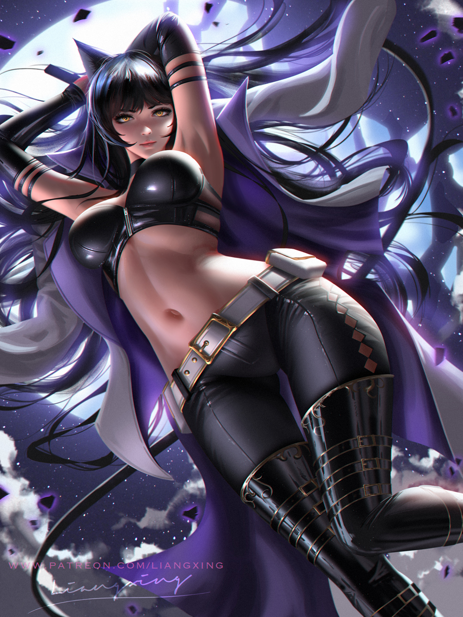 1girl, animal_ears, armpits, arms_up, ass_visible_through_thighs, bangs, belt, black_choker