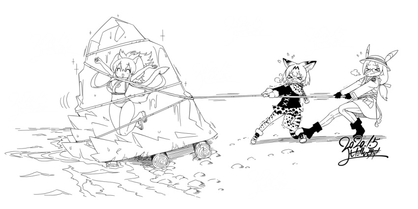 >_<, 3girls, ^_^, animal_ears, arms_up, bare_arms, bare_legs, big_hair