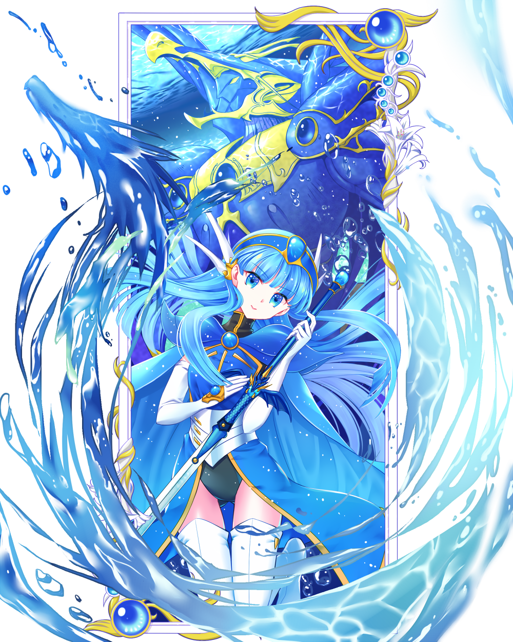 1girl, armor, bangs, black_leotard, blue_cape, blue_eyes, blue_hair, blue_hairband