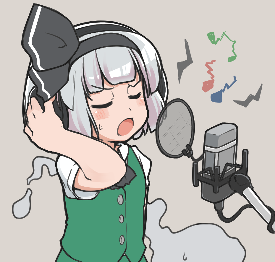 1girl, bad_singing, beamed_eighth_notes, black_hairband, black_neckwear, black_ribbon, blush, closed_eyes