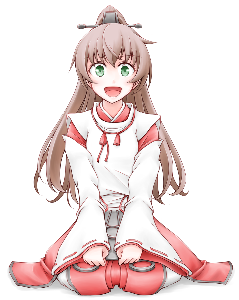1girl, brown_hair, commentary_request, cosplay, green_eyes, hair_tie, hakama, high_ponytail