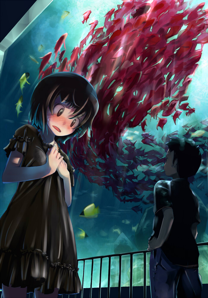 bad_id, blush, brown_eyes, brown_hair, dress, fish, harepore, original