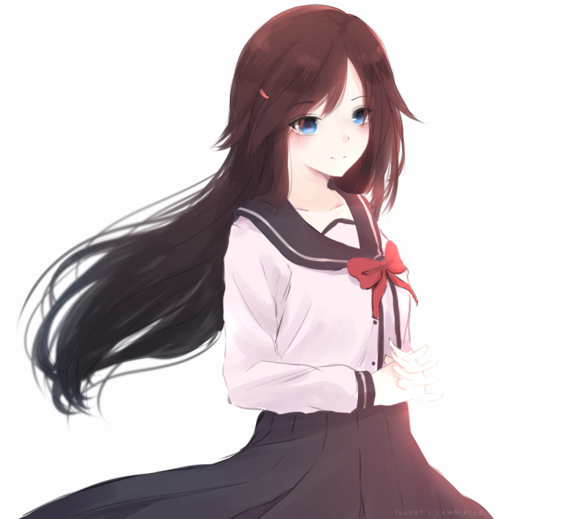1girl, artist_name, bangs, black_hair, black_sailor_collar, black_skirt, blue_eyes, blush