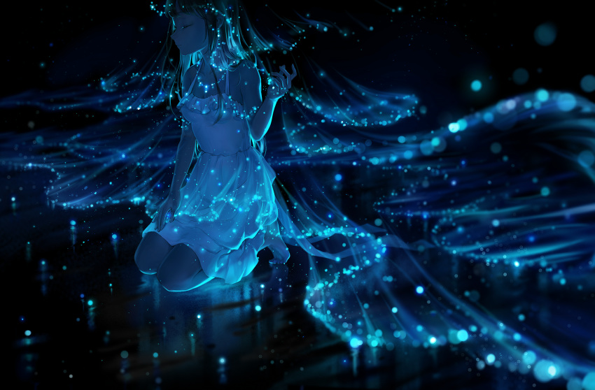 1girl, bare_arms, bare_legs, bare_shoulders, barefoot, beach, bioluminescence, blue_theme, blurry, breasts, closed_eyes, commentary_request, dark, depth_of_field, dress, dutch_angle, eyelashes, frills, from_side, glowing, highres, hoshi_ame, jewelry, kneeling, long_hair, medium_breasts, necklace, night, ocean, original, profile, sea_sparkle, see-through, shore, sleeveless, sleeveless_dress, solo, veil, waves