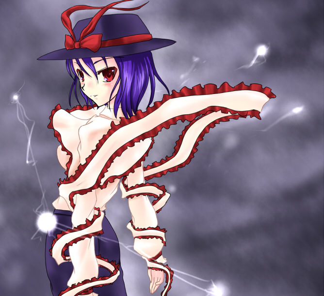 happa, hat, lightning, nagae_iku, purple_hair, ribbon, ribbons, short_hair