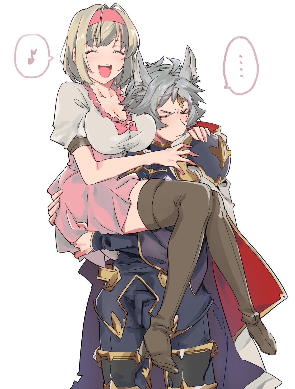 1boy, 1girl, animal_ears, blonde_hair, blush, cape, carrying, closed_eyes