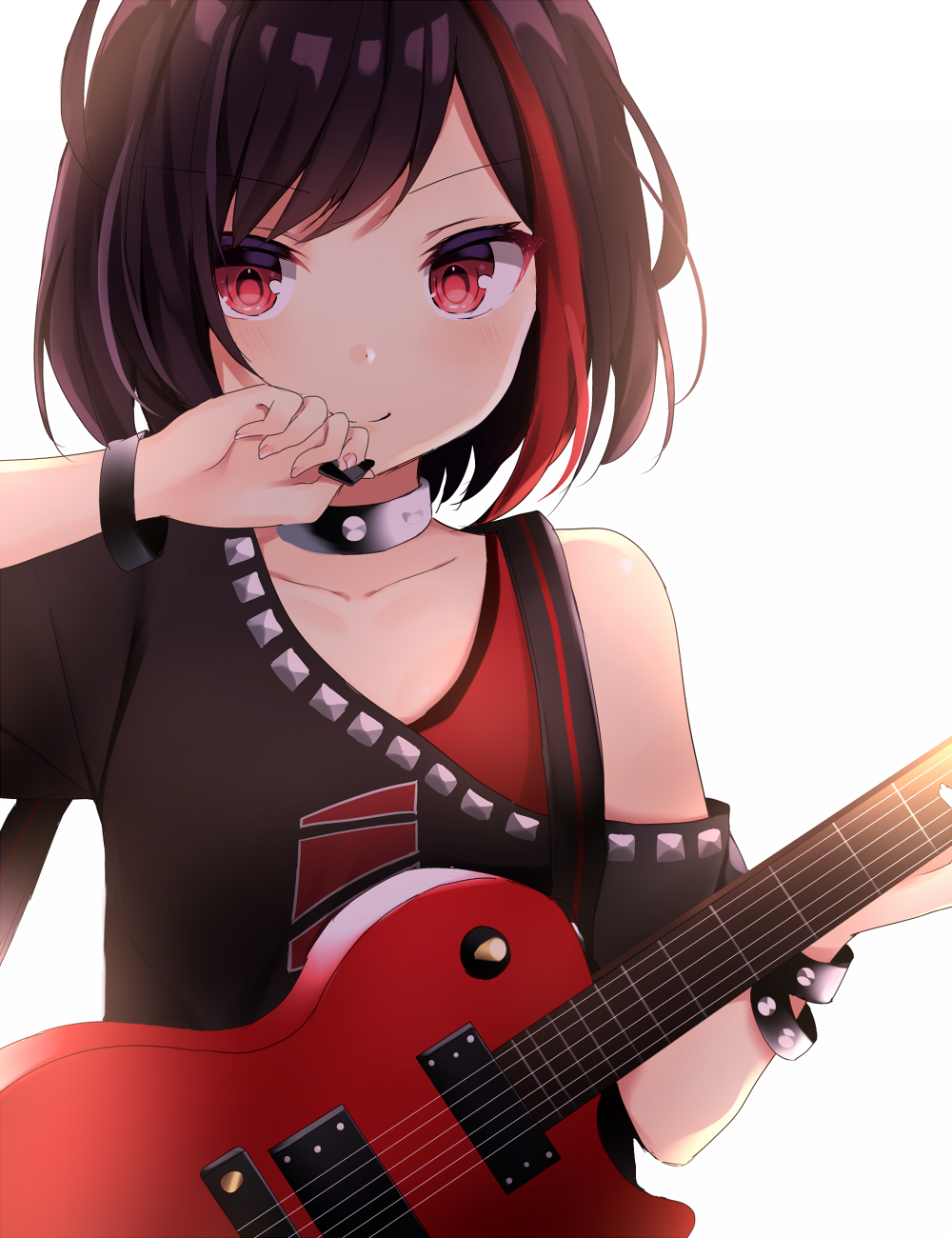 >:), 1girl, bang_dream!, bangs, bare_shoulders, black_collar, black_hair, black_shirt