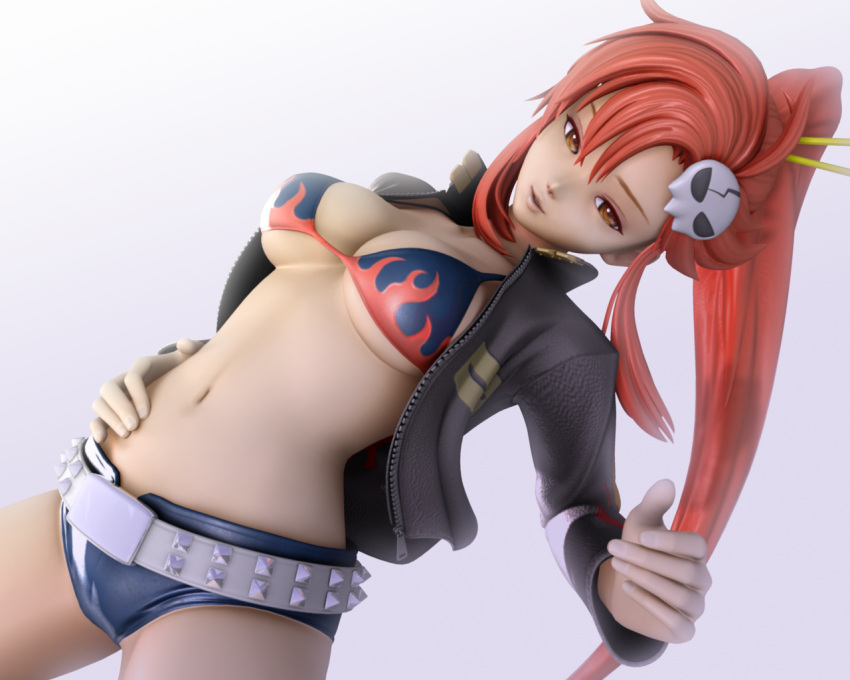 bikini_top, breasts, highres, jacket, kanzeon, midriff, polygon, tengen_toppa_gurren_lagann