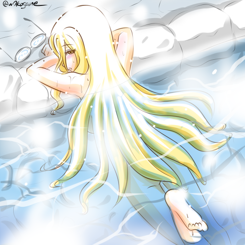 1girl, barefoot, blonde_hair, blush, coke-bottle_glasses, commentary, eyewear_removed, from_above