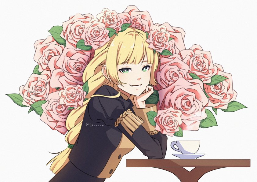 1girl, aequorine, blonde_hair, cup, fire_emblem, fire_emblem:_three_houses, flower, from_side