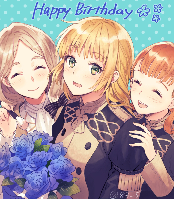 3girls, annette_fantine_dominic, blonde_hair, bouquet, bow, closed_eyes, closed_mouth, fire_emblem, fire_emblem:_three_houses, flower, flwoer, garreg_mach_monastery_uniform, green_eyes, happy_birthday, ingrid_brandl_galatea, long_hair, long_sleeves, low_ponytail, mercedes_von_martritz, multiple_girls, open_mouth, orange_hair, smile, twintails, twitter_username, uniform, upper_body, yamyom