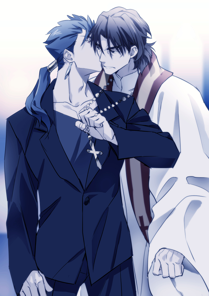 2boys, alternate_costume, blue_hair, brown_eyes, brown_hair, cassock, cheek_kiss, cheekbones