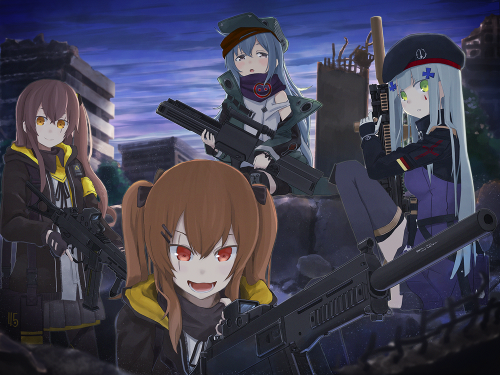 404_(girls_frontline), 4girls, brown_eyes, brown_hair, city, cityscape, commentary, dawn