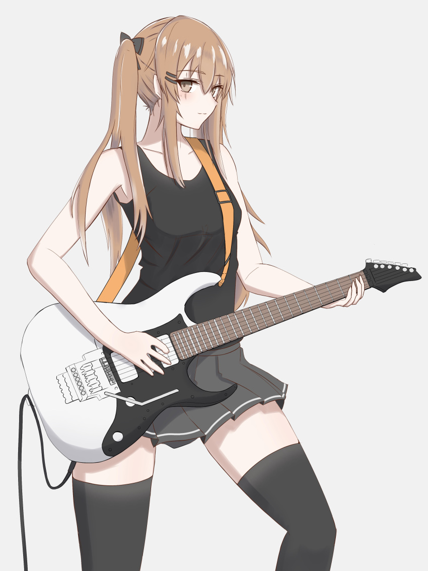 absurdres, alternate_costume, bare_shoulders, black_legwear, black_shirt, brown_hair, electric_guitar, eyebrows_visible_through_hair