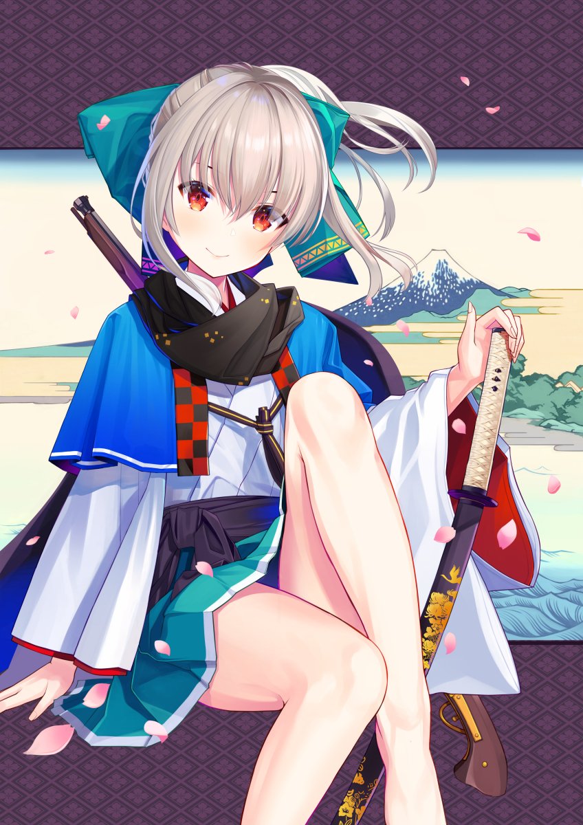 1girl, atori, bare_legs, bow, fine_art_parody, gun, hair_bow, highres