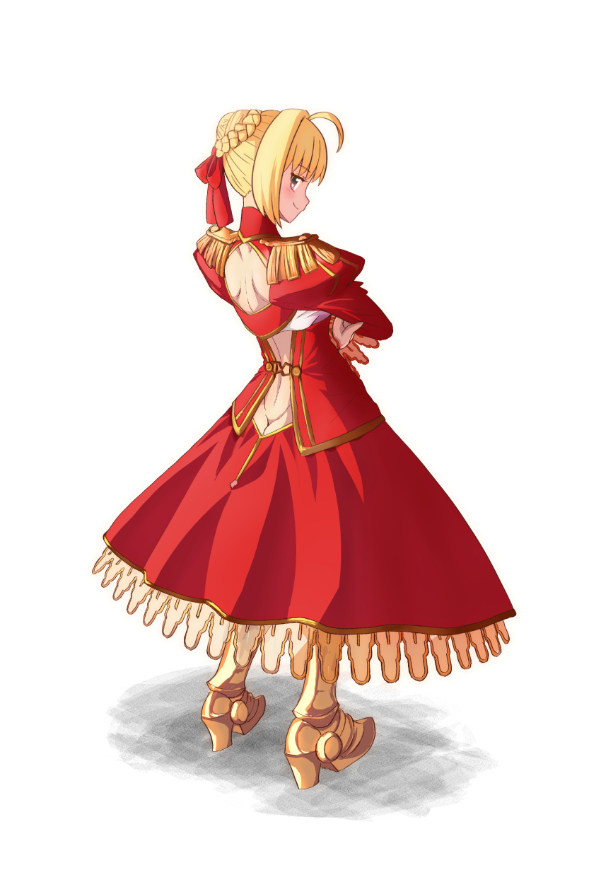 1girl, absurdres, ahoge, armored_boots, ass, back, bangs, blonde_hair, boots, braid, butt_crack, closed_mouth, commentary_request, crossed_arms, dress, epaulettes, eyebrows_visible_through_hair, fate/extra, fate/grand_order, fate_(series), french_braid, from_behind, full_body, hair_bun, highres, long_dress, long_sleeves, looking_at_viewer, looking_back, mafty, medium_hair, nero_claudius_(fate), nero_claudius_(fate)_(all), puffy_sleeves, red_dress, sideways_glance, smile, solo, standing, turtleneck, turtleneck_dress