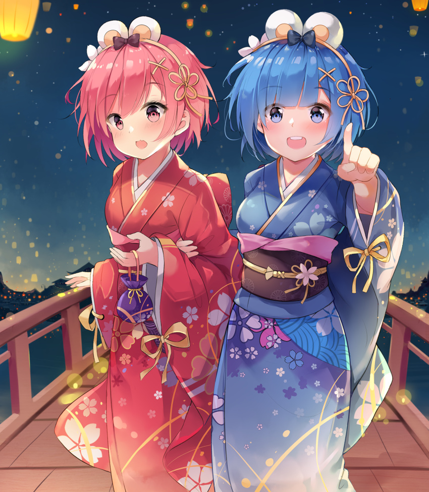 1girl, 2girls, bangs, blue_eyes, blue_hair, blue_kimono, blush, breasts, chintora0201, commentary_request, eyebrows_visible_through_hair, floral_print, hair_ornament, hair_over_one_eye, hair_ribbon, highres, japanese_clothes, kimono, looking_at_viewer, medium_breasts, mouse_hair_ornament, multiple_girls, night, outdoors, pink_eyes, pink_hair, pink_kimono, pointing, pointing_at_viewer, ram_(re:zero), re:zero_kara_hajimeru_isekai_seikatsu, red_eyes, rem_(re:zero), ribbon, short_hair, siblings, sisters, smile, twins, upper_teeth, x_hair_ornament, yellow_ribbon