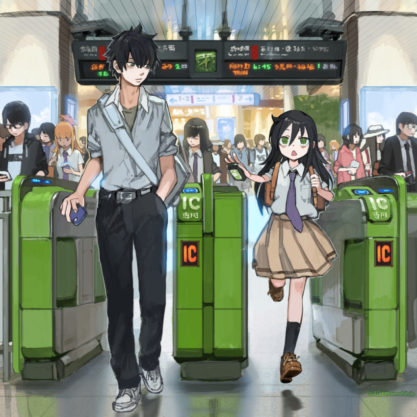 1boy, 1girl, black_hair, brother_and_sister, brown_skirt, commentary, crowd, flat_chest, green_eyes, height_difference, highres, kuroki_tomoki, kuroki_tomoko, long_hair, necktie, pleated_skirt, purple_neckwear, running, school_uniform, short_hair, siblings, skirt, tomohi, train_station, uchi_emiri, watashi_ga_motenai_no_wa_dou_kangaetemo_omaera_ga_warui!, when_you_see_it