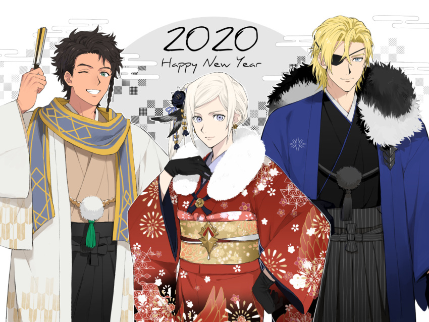 1girl, 2020, 2boys, alternate_costume, black_gloves, blonde_hair, blue_eyes, brown_hair, claude_von_riegan, closed_mouth, dimitri_alexandre_blaiddyd, earrings, edelgard_von_hresvelg, eyepatch, fire_emblem, fire_emblem:_three_houses, gloves, green_eyes, grin, gunjo_fe, hair_ornament, happy_new_year, japanese_clothes, jewelry, kimono, long_sleeves, multiple_boys, new_year, obi, one_eye_closed, sash, short_hair, smile, violet_eyes, white_hair, wide_sleeves