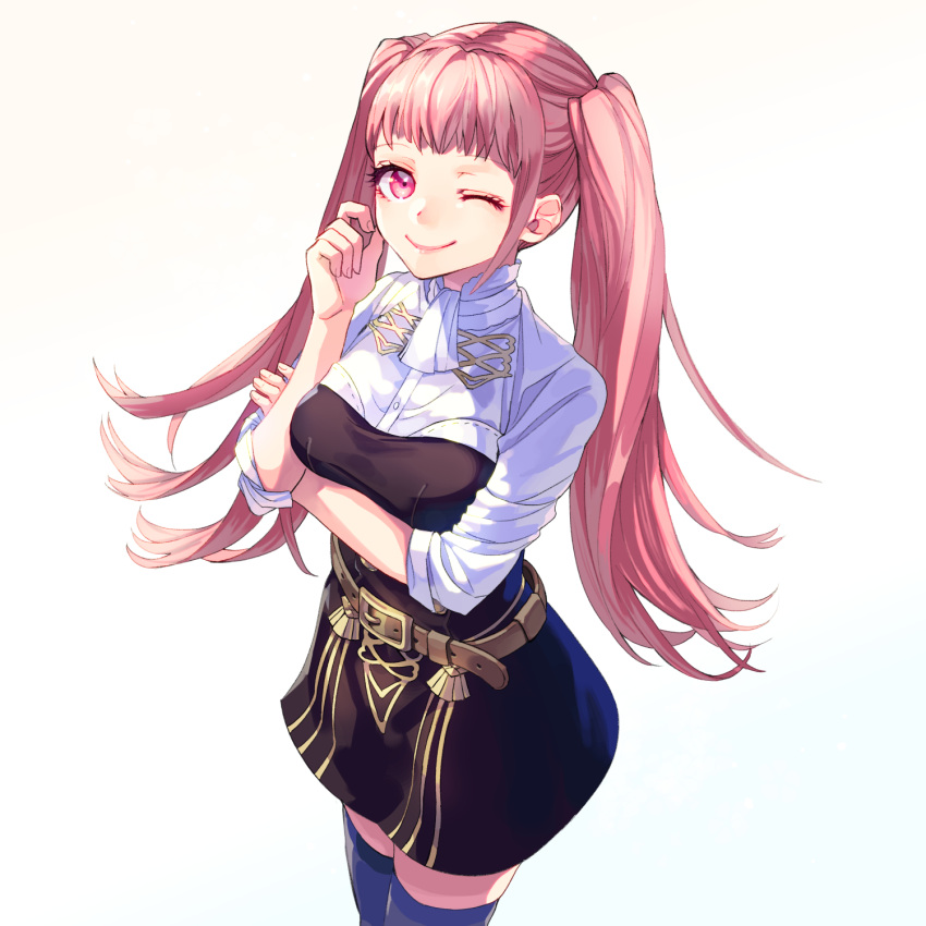 1girl, belt, blue_legwear, closed_mouth, fire_emblem, fire_emblem:_three_houses, garreg_mach_monastery_uniform, highres, hilda_valentine_goneril, kyarairo, long_hair, one_eye_closed, pink_eyes, pink_hair, simple_background, smile, solo, thigh-highs, twintails, uniform, white_background