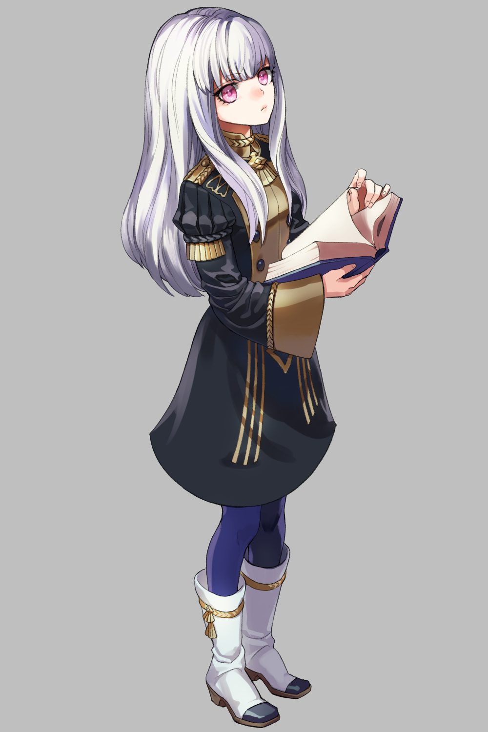 1girl, blue_legwear, book, boots, closed_mouth, fire_emblem, fire_emblem:_three_houses, full_body, garreg_mach_monastery_uniform, grey_background, high_heel_boots, high_heels, highres, holding, holding_book, knee_boots, kyarairo, long_hair, long_sleeves, lysithea_von_ordelia, open_book, pink_eyes, simple_background, solo, uniform, white_hair