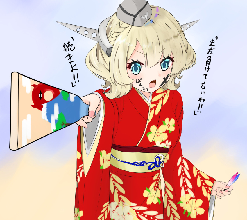 1girl, absurdres, alternate_costume, blonde_hair, blue_background, blue_eyes, colorado_(kantai_collection), commentary_request