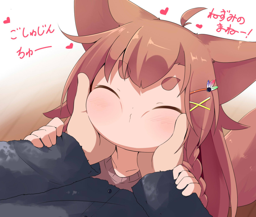 1girl, ahoge, animal_ears, bangs, blush, braid, brown_hair, brown_shirt