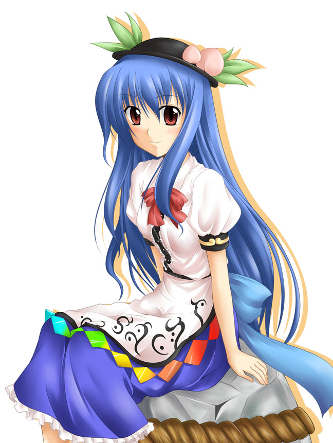 food, fruit, hat, hinanawi_tenshi, keystone, kitsunebi, leaf, long_hair, long_skirt, peach, peaches, ribbon, ribbons, seafox, shimenawa, sitting, skirt, touhou