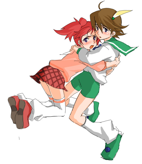 final_fantasy, final_fantasy_unlimited, hayakawa_ai, hayakawa_yuu, hug, plaid, plaid_skirt, siblings