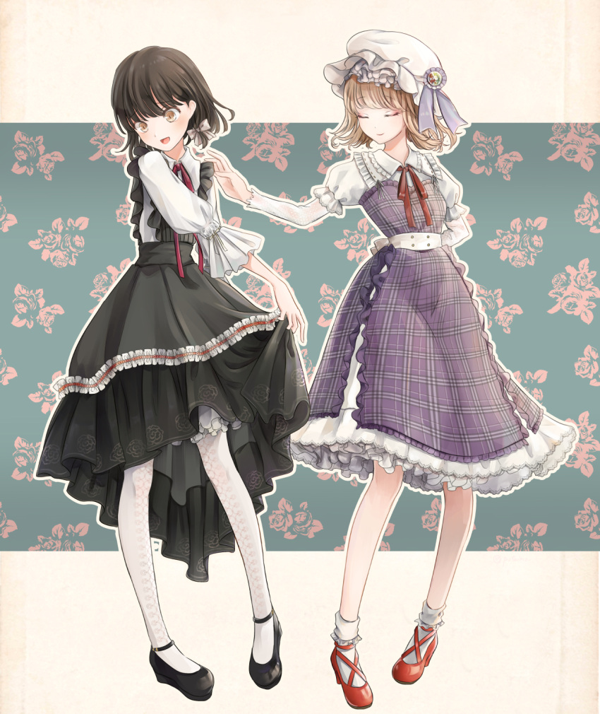2girls, adapted_costume, ankle_socks, bangs, black_dress, black_footwear, blonde_hair, bloomers