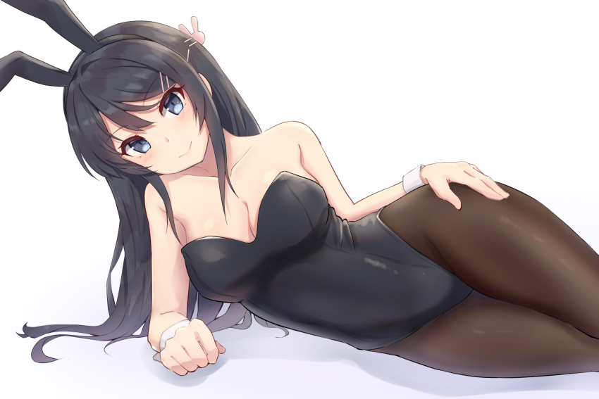 1girl, animal_ears, black_hair, black_leotard, bunny_girl, bunny_hair_ornament, bunnysuit, cowboy_shot