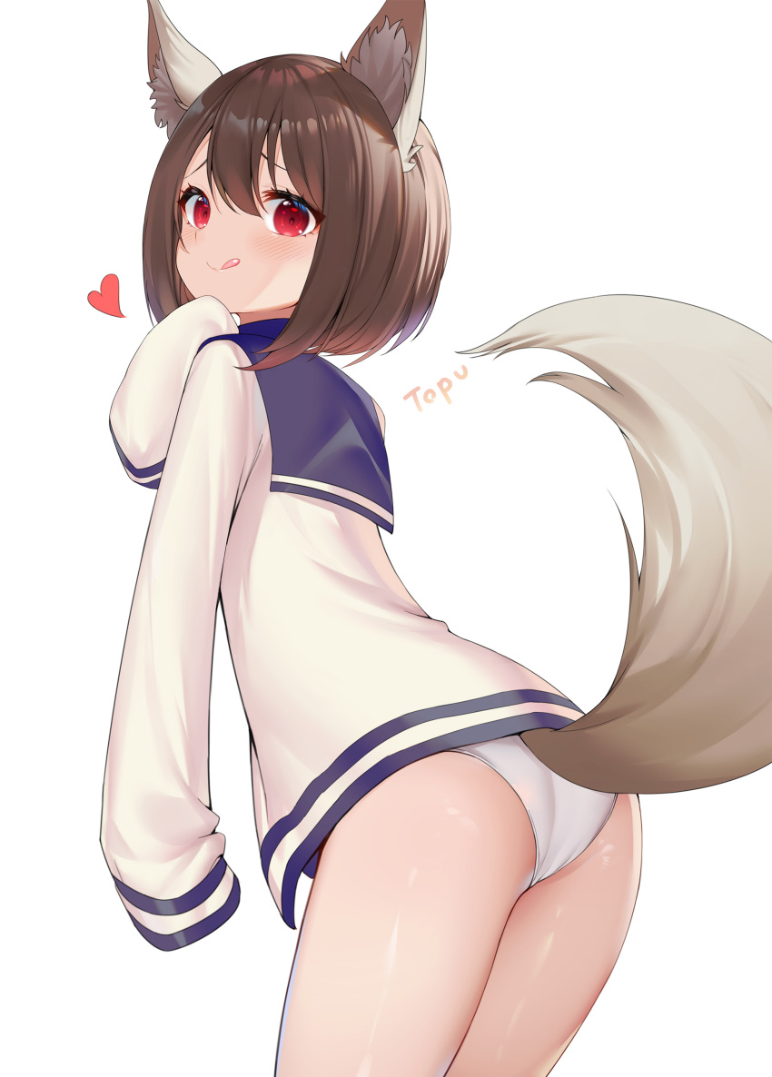 1girl, absurdres, animal_ear_fluff, animal_ears, ass, bangs, blue_shirt, blush, brown_hair, commentary_request, dog_ears, dog_tail, from_behind, hair_between_eyes, heart, highres, looking_at_viewer, original, panties, red_eyes, shirt, short_hair, simple_background, sleeves_past_fingers, sleeves_past_wrists, solo, tail, tongue, tongue_out, tttanggvl, underwear, white_background, white_panties, white_shirt