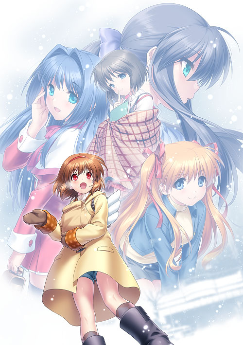 4girls, backpack, bag, black_hair, blue_eyes, blue_hair, blue_jacket, brown_coat