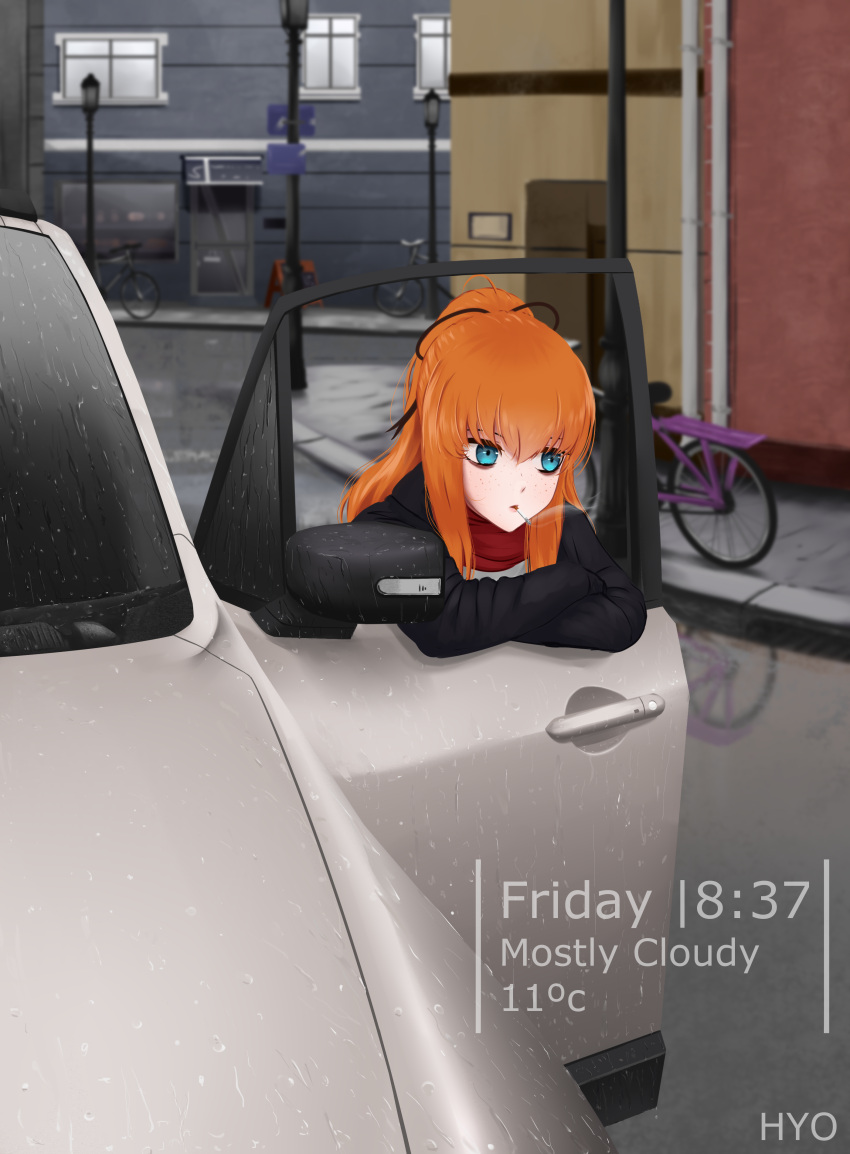 1girl, absurdres, bangs, bicycle, blue_eyes, blurry, blurry_background, car
