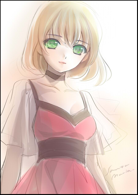 blonde_hair, bob_cut, border, choker, collarbone, dress, green_eyes, light_smile