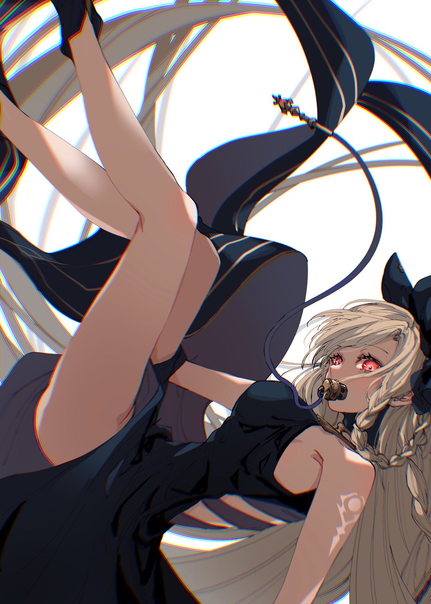 1girl, black_dress, blonde_hair, braid, chromatic_aberration, dark_skin, dress, feet_out_of_frame