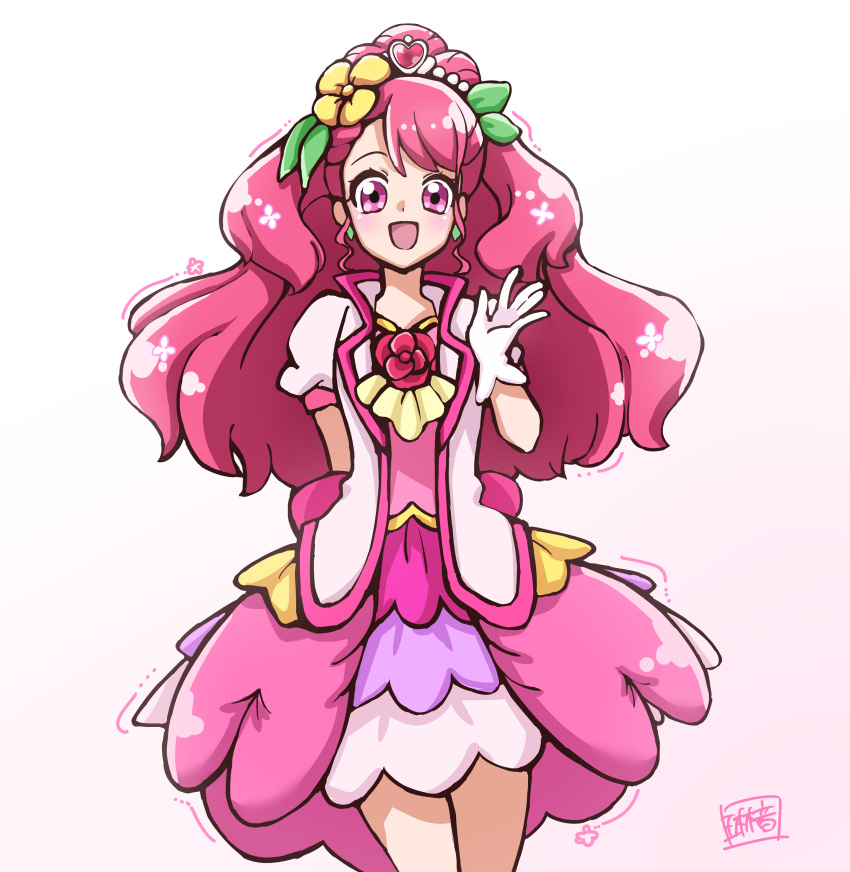 1girl, :d, absurdres, back_bow, blush, bow, cowboy_shot, cure_grace