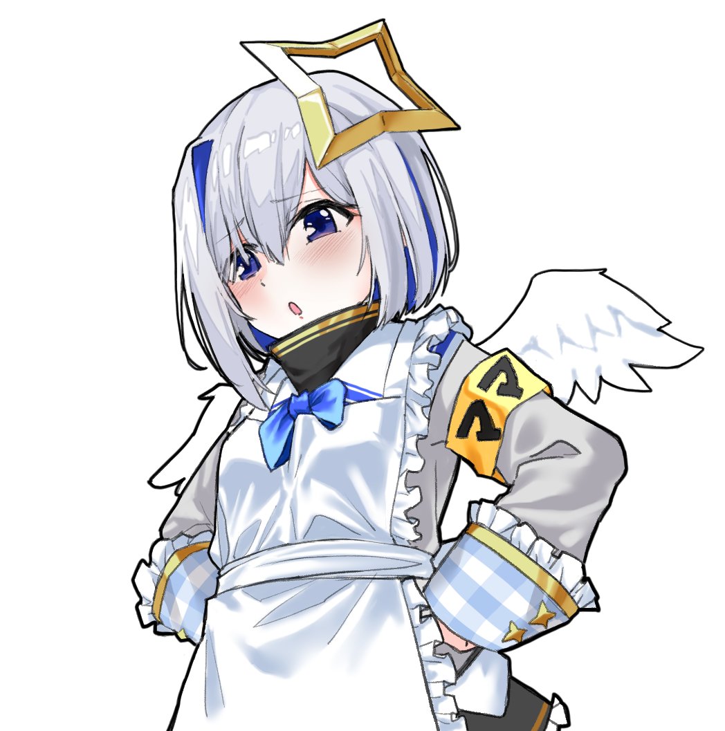 1girl, amane_kanata, angel_wings, apron, armband, blue_eyes, blush, commentary_request