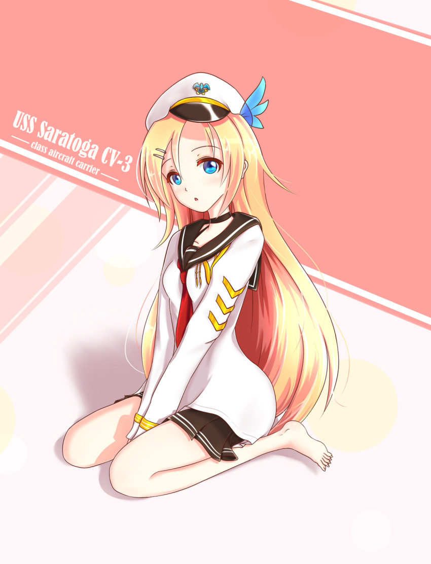 bare_legs, barefoot, black_skirt, blonde_hair, blue_eyes, choker, dd_(897671246), dress