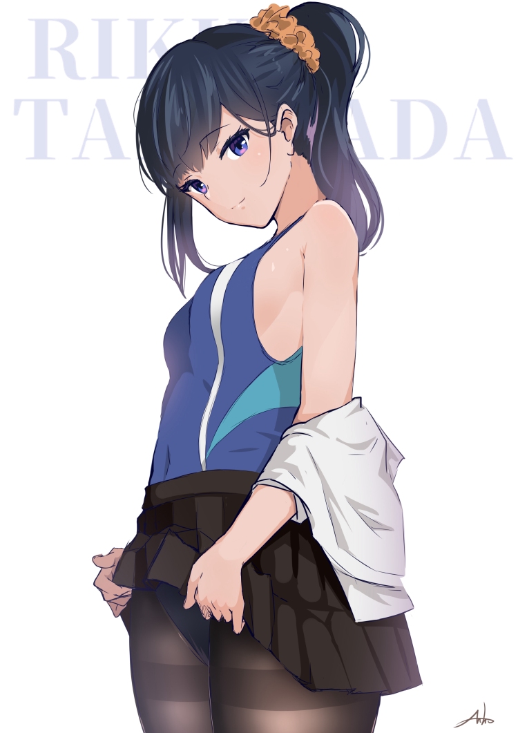 1girl, anho, background_text, bangs, bare_shoulders, black_hair, black_legwear, black_skirt