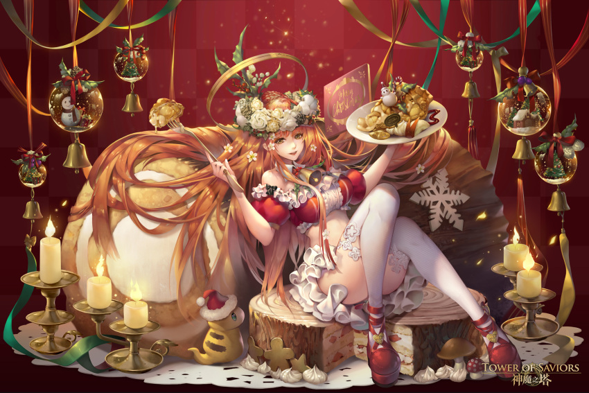 1girl, bell, breasts, brown_eyes, brown_hair, cake, candle, candlestand, candy, christmas, convenient_leg, copyright_name, doily, food, fork, halo, head_wreath, highres, holding, holding_fork, holding_plate, holly, long_hair, looking_at_viewer, madarame_(kagetsu), medium_breasts, merry_christmas, midriff, neck_bell, official_art, plate, red_background, red_footwear, short_sleeves, sitting, snow_globe, snowflakes, sweets, thigh-highs, tower_of_saviors, very_long_hair